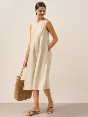 Vestido Midi Sem Mangas em Linho com Botões no Ombro FREYA