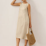 Vestido Midi Sem Mangas em Linho com Botões no Ombro FREYA