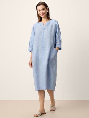 100% Linen Split-Neck Patch-Pocket Midi Dress KALINA