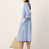 100% Linen Split-Neck Patch-Pocket Midi Dress KALINA