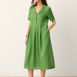 Vestido Midi 100% Linho com Decote Dividido e Detalhes de Botões SERAPHINE