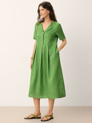 Vestido Midi 100% Linho com Decote Dividido e Detalhes de Botões SERAPHINE