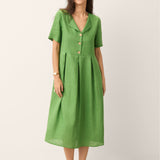 Vestido Midi 100% Linho com Decote Dividido e Detalhes de Botões SERAPHINE