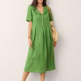 Vestido Midi 100% Linho com Decote Dividido e Detalhes de Botões SERAPHINE