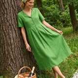 Vestido Midi 100% Linho com Decote Dividido e Detalhes de Botões SERAPHINE