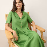 Vestido Midi 100% Linho com Decote Dividido e Detalhes de Botões SERAPHINE