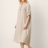 100% Linen Stand Collar V-Slit Tab Sleeve Maxi Dress LEORA