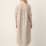 100% Linen Stand Collar V-Slit Tab Sleeve Maxi Dress LEORA