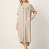 100% Linen Stand Collar V-Slit Tab Sleeve Maxi Dress LEORA