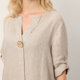100% Linen Stand Collar V-Slit Tab Sleeve Maxi Dress LEORA