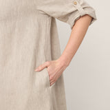 100% Linen Stand Collar V-Slit Tab Sleeve Maxi Dress LEORA