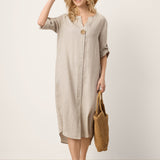 100% Linen Stand Collar V-Slit Tab Sleeve Maxi Dress LEORA