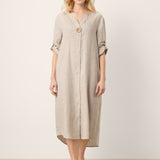 100% Linen Stand Collar V-Slit Tab Sleeve Maxi Dress LEORA