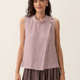 100% Linen Striped Diagonal Pleat Mock Neck Top ESTHER