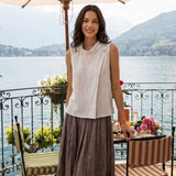 100% Linen Striped Diagonal Pleat Mock Neck Top ESTHER