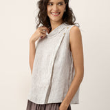 100% Linen Striped Diagonal Pleat Mock Neck Top ESTHER