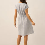 Vestido Midi Aria com Elástico na Cintura e às Riscas em 100% Linho