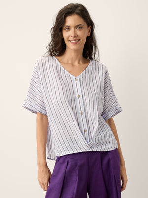 Top Casulo com Decote Cruzado e Padrão de Riscas 100% Linho CATHERINE