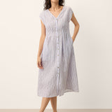 Vestido comprido AGNES 100% linho às riscas com mangas curtas
