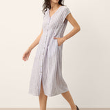 Vestido comprido AGNES 100% linho às riscas com mangas curtas