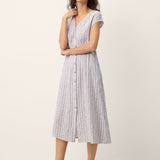 Vestido comprido AGNES 100% linho às riscas com mangas curtas