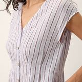 Vestido comprido AGNES 100% linho às riscas com mangas curtas