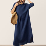 Vestido comprido com pregas invertidas e mangas de enrolar 100% Linho MARIBEL