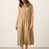 Vestido Maxi Sem Mangas em Linho 100% com Gola de Atar e Franzidos MILLICENT