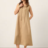 Vestido Maxi Sem Mangas em Linho 100% com Gola de Atar e Franzidos MILLICENT