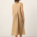 Vestido Maxi Sem Mangas em Linho 100% com Gola de Atar e Franzidos MILLICENT