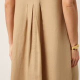 Vestido Maxi Sem Mangas em Linho 100% com Gola de Atar e Franzidos MILLICENT