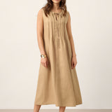 Vestido Maxi Sem Mangas em Linho 100% com Gola de Atar e Franzidos MILLICENT