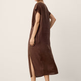 Vestido Maxi em Linho 100% com Torção na Cintura e Racha LYNETTE