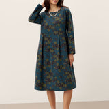 Vestido Midi com Decote Barco, Franzido e Padrão em Algodão 100% Orgânico CRESSIDA