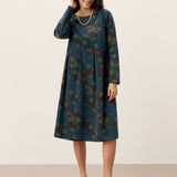 Vestido Midi com Decote Barco, Franzido e Padrão em Algodão 100% Orgânico CRESSIDA