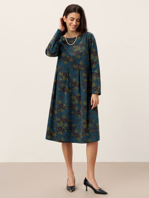 Vestido Midi com Decote Barco, Franzido e Padrão em Algodão 100% Orgânico CRESSIDA