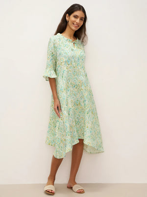 Vestido Midi em Linho A-Line com Gola Franzida e Laço no Pescoço LIVIA