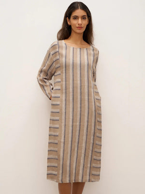 Vestido Midi ELSPETH em Linho 100% com Padrão Listrado Entrançado