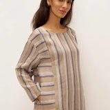 Vestido Midi ELSPETH em Linho 100% com Padrão Listrado Entrançado