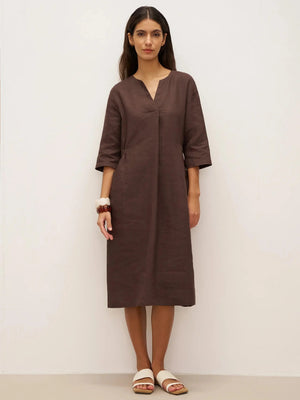 Vestido Midi EVELINA com Bolsos e Decote em V, 100% Linho