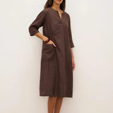 Vestido Midi EVELINA com Bolsos e Decote em V, 100% Linho