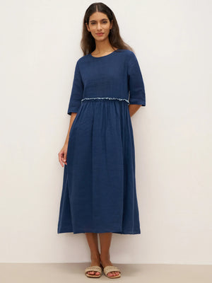 Vestido Midi JASMINE com Cordão e Cintura Plissada em Linho 100%