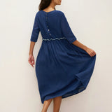 Vestido Midi JASMINE com Cordão e Cintura Plissada em Linho 100%
