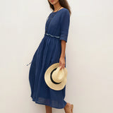 Vestido Midi JASMINE com Cordão e Cintura Plissada em Linho 100%