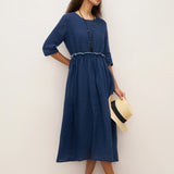 Vestido Midi JASMINE com Cordão e Cintura Plissada em Linho 100%