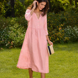 Vestido Comprido LUNA 100% Linho com Cintura Elástica e Pormenores Franzidos
