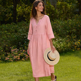 Vestido Maxi LUNA 100% Linho com Cintura Franzida e Botões de Ajuste