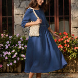 Vestido Midi JASMINE com Cordão e Cintura Plissada em Linho 100%