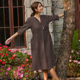 Vestido Midi EVELINA com Bolsos e Decote em V, 100% Linho