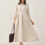 Vestido Maxi Plissado com Decote Barco em 100% Linho ABIGAIL